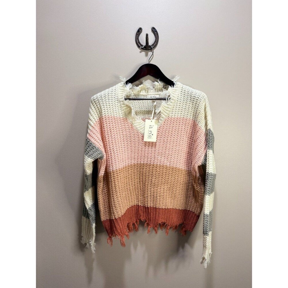 La Miel Distressed Striped V-Neck Sweater Multicolor Boho Oversized S/M - Picture 2 of 4